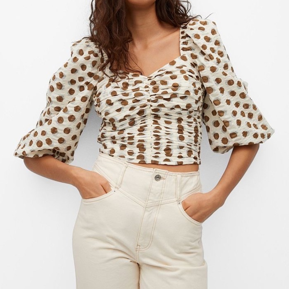 Mango Ruched Polka Dot Blouse